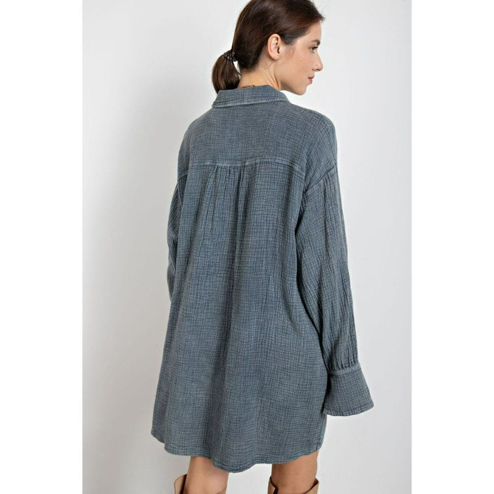 Easel Cotton Gauze Mineral Washed Shirt Dress in Slate New S-L ED16857 - Picture 5 of 5